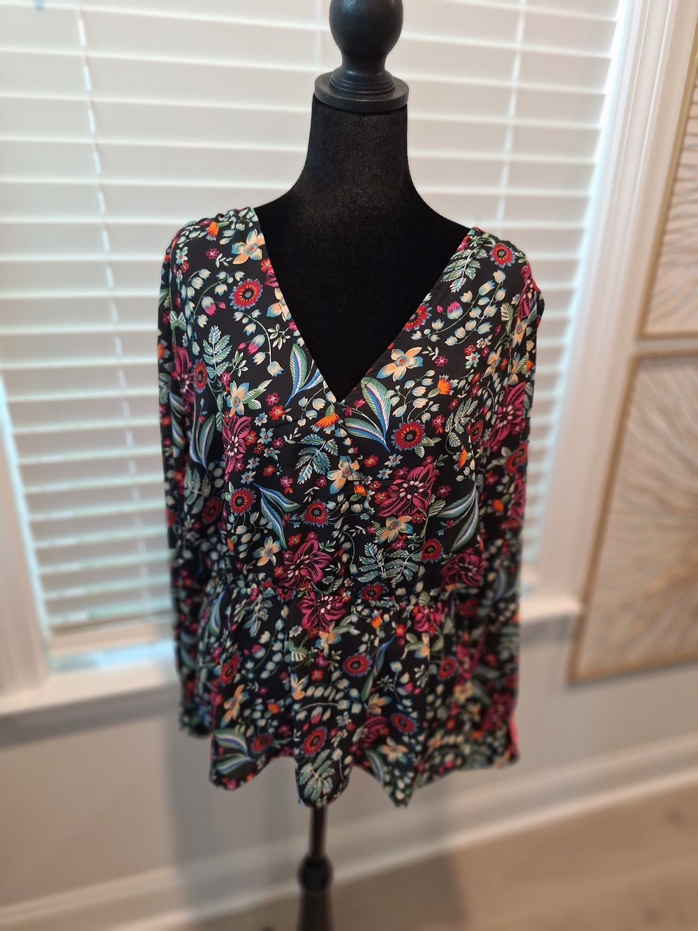 ELF Black Floral V-Neck Long Sleeve Peplum Top with Pink & Teal Accents
